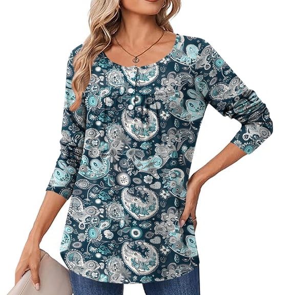Craaazy Womens Long Sleeve Tops Casual Pleated Crew Neck Fall Tunic Tops Gifts Button Down Blouse Fashion Printing Loose T-Shirts
