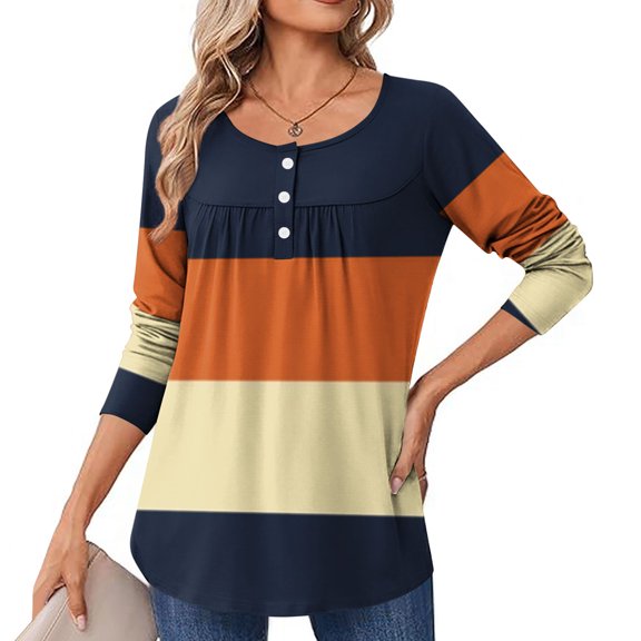 Craaazy Womens Long Sleeve Tops Casual Pleated Crew Neck Fall Tunic Tops Gifts Button Down Blouse Fashion Printing Loose T-Shirts