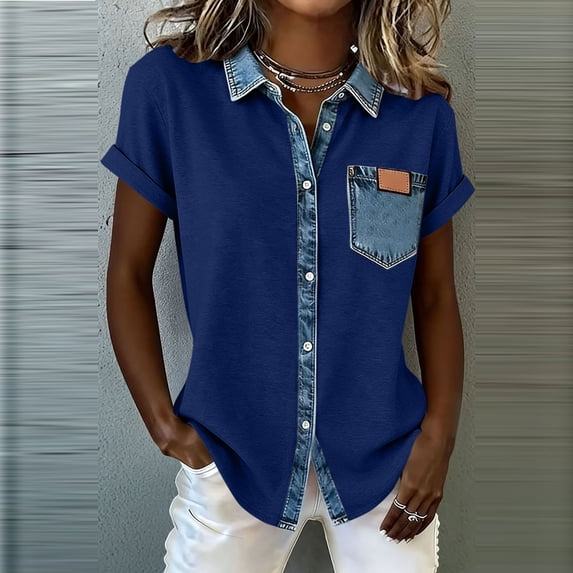 Craaazy Womens Loose Fit Prints Patchwork Collared Short Sleeve Topss Casual Button Down Shirts for Summer Gifts