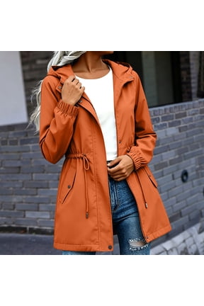 Womens Outerwear Hooded Solid Color Waterproof Jackets with Adjustable Waist and Pockets Casual Windbreaker Coats for Spring Fall Outdoor Activities