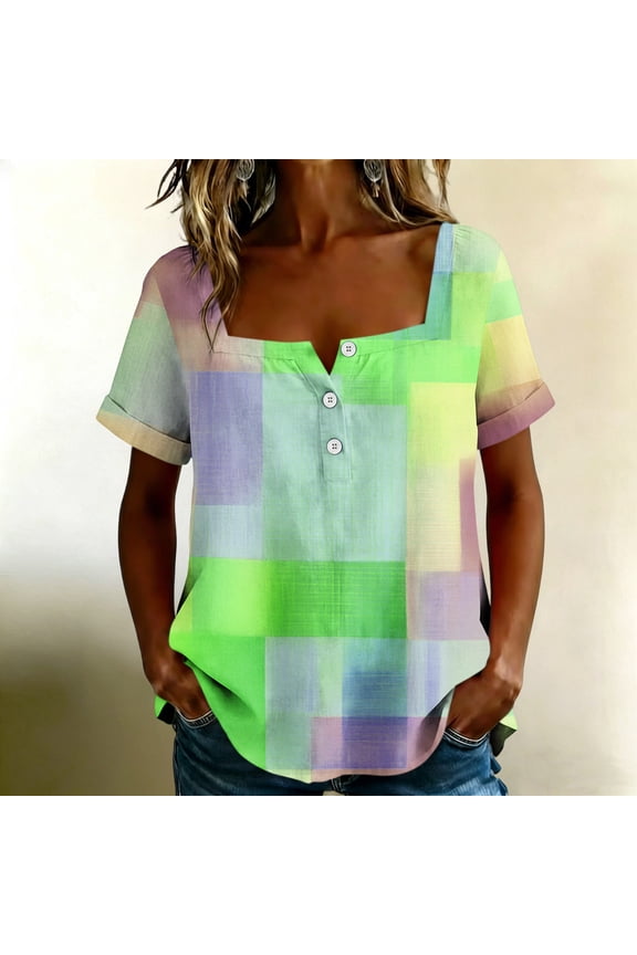 Womens Plus Size Short Sleeve T-shirts Friendly Color Block Plaid Print Square Neck Tops Cotton Shirts for Vacation and Weekend