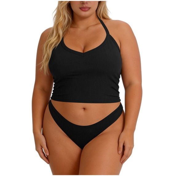 Craaazy Womens Plus Size Sports Tops Solid Color Racerback Ribbed Sleeveless Built-in Bra Crop Tank Tops for Workout Gift
