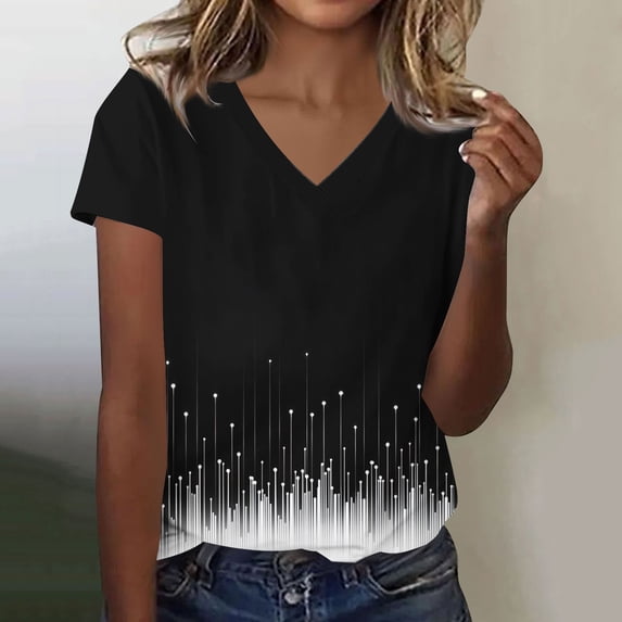 Craaazy Womens Plus Size Summer Shirts V-Neck Short Sleeve Loose Fit Print Casual Blouse Tee Tops Soft Everyday Wear Gifts