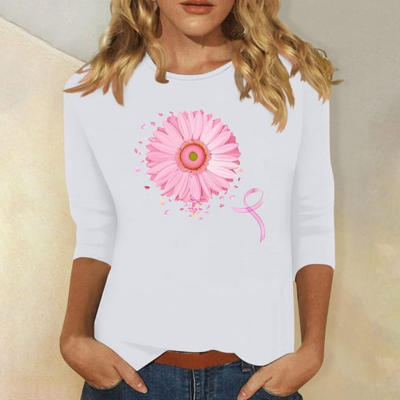 Craaazy Womens Shirts Breast Cancer Awareness Tops for Women 3/4 Sleeve Crewneck Pink Ribbon Print Blouses Gifts For Women
