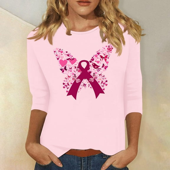 Craaazy Womens Shirts Breast Cancer Awareness Tops for Women 3/4 Sleeve Crewneck Pink Ribbon Print Blouses Gifts For Women
