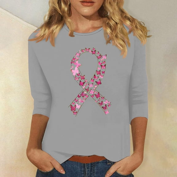 Craaazy Womens Shirts Breast Cancer Awareness Tops for Women 3/4 Sleeve Crewneck Pink Ribbon Print Blouses Gifts For Women
