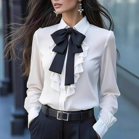 Craaazy Womens Shirts Casual Lapel Business Work Office Tops White Ruffle Trim Shirt Long Sleeve Butterfly Bow Tie Tops Gifts For Women