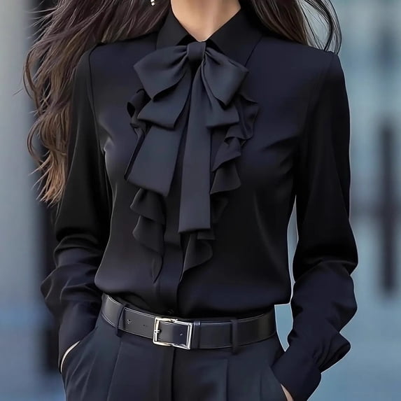 Craaazy Womens Shirts Casual Lapel Business Work Office Tops White Ruffle Trim Shirt Long Sleeve Butterfly Bow Tie Tops Gifts For Women