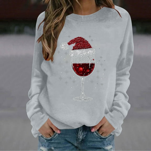 Craaazy Womens Shirts Christmas Hat Printed Long Sleeve Shirts for Women Crew Neck Merry Christmas Tops Gifts for Women