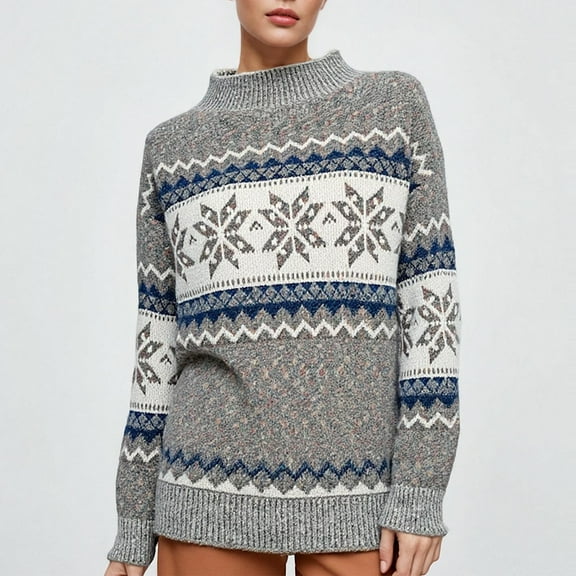 Craaazy Womens Shirts Christmas Knitted Half High Collar Snowflake Printed Sweater Gifts For Women