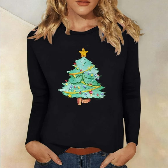 Craaazy Womens Shirts Christmas Printed Long Sleeve Blouse Crew Neck Xmas Womens Tops Gifts for Women
