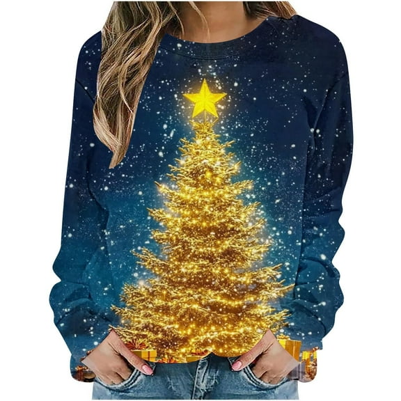 Craaazy Womens Shirts Christmas Sweatshirt Santa Graphic Christmas Trees With Lights Printed Christmas Fashion Casual Printed Loose Long Sleeve Tops Gifts