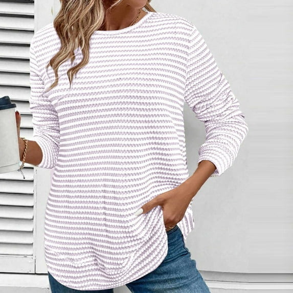 Craaazy Womens Shirts Fashion Stripe Round-neck Long Sleeved Loose Blouses Gifts For Women