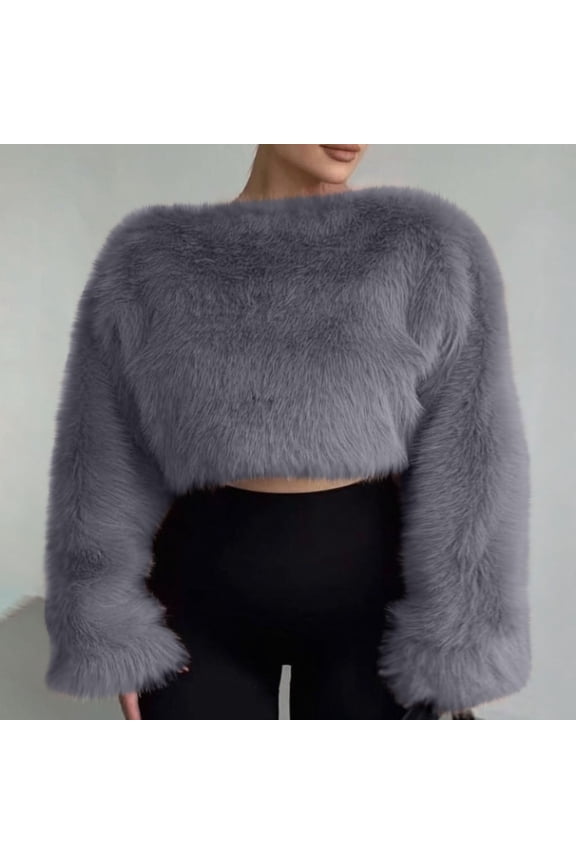 Womens Shirts Faux Fur Coats for Women Pullover Warm Winter Crop Tops Furry Long Sleeve Crewneck Shirt Gifts