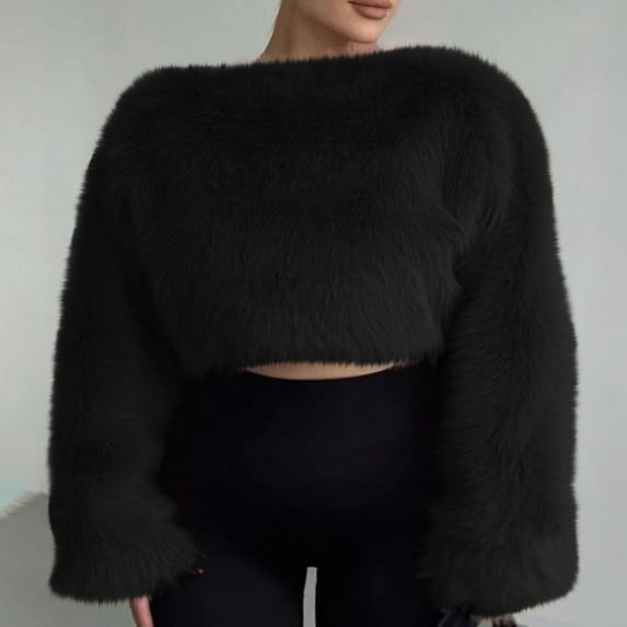 Craaazy Womens Shirts Faux Fur Coats for Women Pullover Warm Winter Crop Tops Furry Long Sleeve Crewneck Shirt Gifts