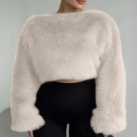 Craaazy Womens Shirts Faux Fur Coats for Women Pullover Warm Winter Crop Tops Furry Long Sleeve Crewneck Shirt Gifts