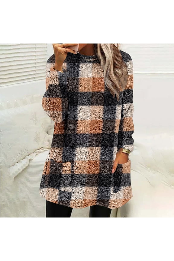 Womens Shirts Fuzzy Fleece Plaid Sweatshirt Plush Soft Long Sleeve Pullover Tops With Pockets Gifts For Women