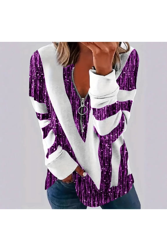 Womens Shirts Half Zip Sweatshirt Color Block Long Sleeve Casual Shirts Gifts For Women