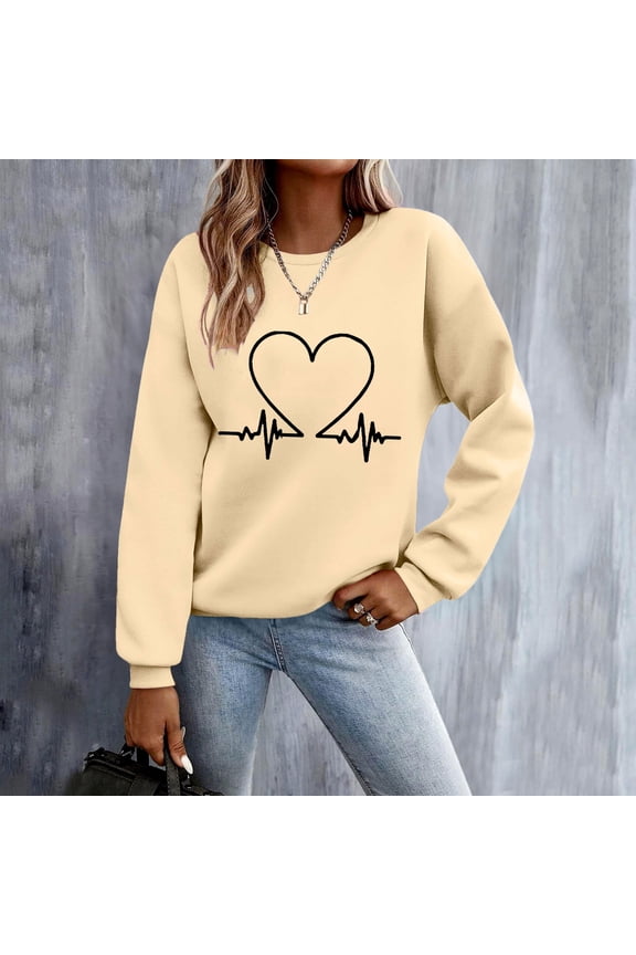 Womens Shirts Heart Print Crewneck Long Sleeve Trendy Pullovers Gifts for Women
