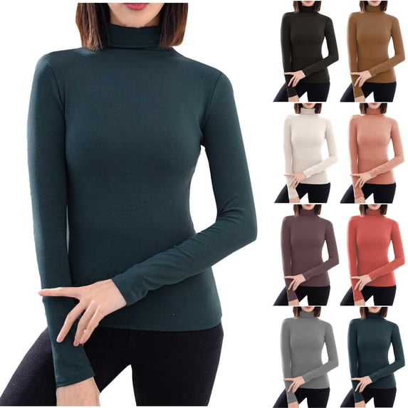 Craaazy Womens Long Sleeve Tops Soild Color High Neck Pullover Soft Warm Casual Slim Fit Thermal Tops for Fall Winter Daily Wear