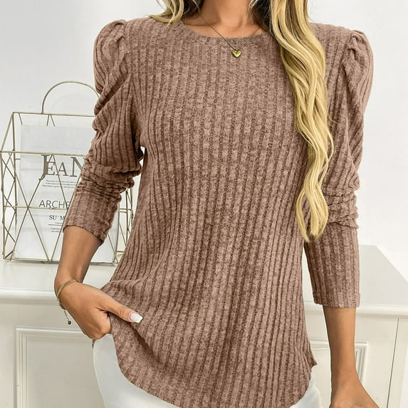 Craaazy Womens Shirts Puff Long Sleeve Sweaters Casual Crew Neck Knitted Tops Ribbed Solid Color Blouses Gifts For Women