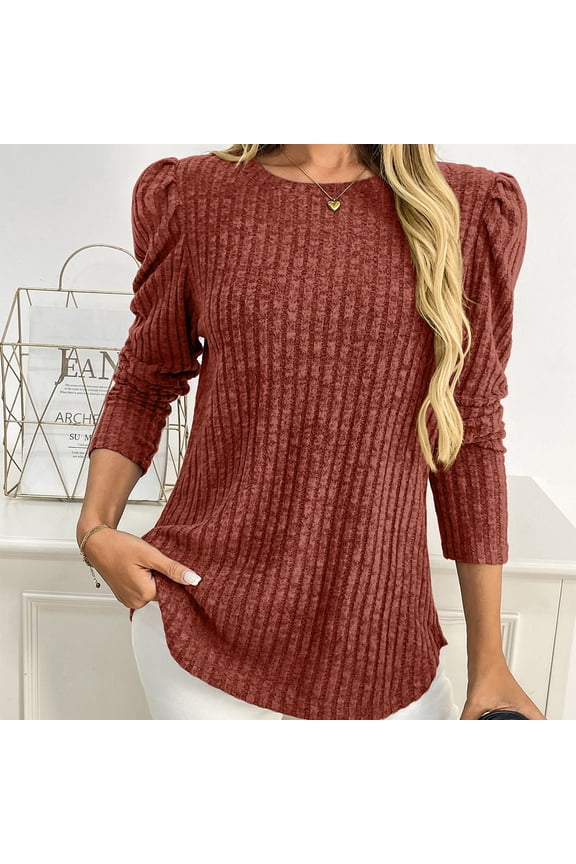Womens Shirts Puff Long Sleeve Sweaters Casual Crew Neck Knitted Tops Ribbed Solid Color Blouses Gifts For Women