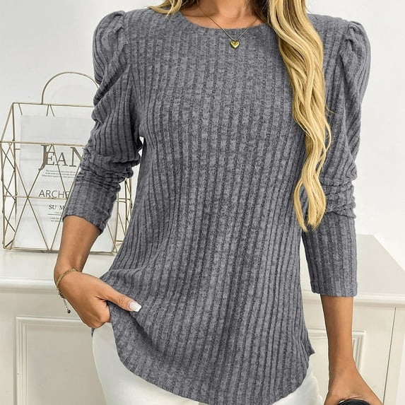 Craaazy Womens Shirts Puff Long Sleeve Sweaters Casual Crew Neck Knitted Tops Ribbed Solid Color Blouses Gifts For Women