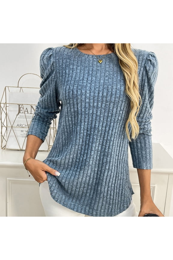 Womens Shirts Puff Long Sleeve Sweaters Casual Crew Neck Knitted Tops Ribbed Solid Color Blouses Gifts For Women