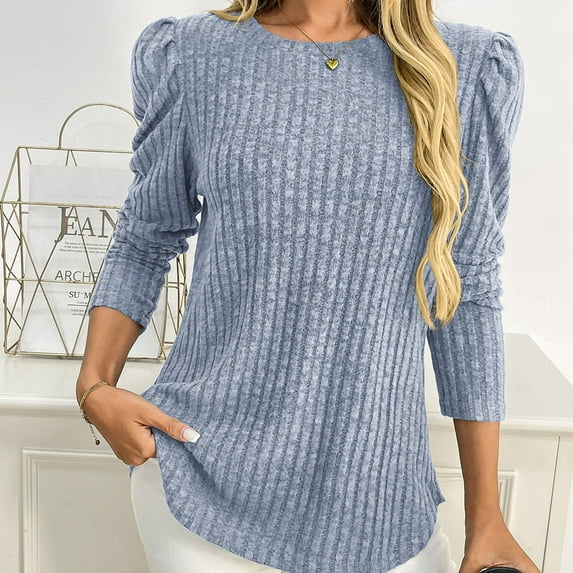 Craaazy Womens Shirts Puff Long Sleeve Sweaters Casual Crew Neck Knitted Tops Ribbed Solid Color Blouses Gifts For Women