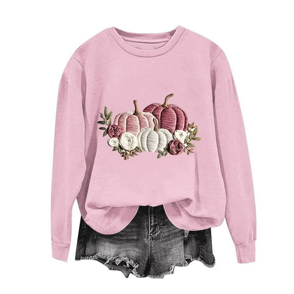 Craaazy Womens Shirts Pumpkin Embroidery Print Sweatshirt Long Sleeve Top Gifts