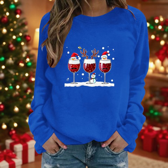 Craaazy Womens Shirts Round Neck Sweatshirt Santa Graphic Christmas Trees With Lights Printed Christmas Fashion Casual Printed Loose Long Sleeve Tops Gifts