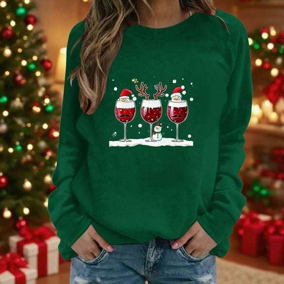 Craaazy Womens Shirts Round Neck Sweatshirt Santa Graphic Christmas Trees With Lights Printed Christmas Fashion Casual Printed Loose Long Sleeve Tops Gifts