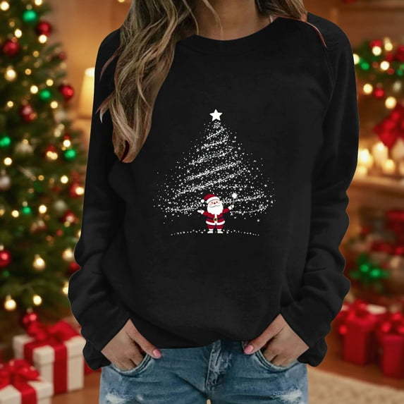 Craaazy Womens Shirts Round Neck Sweatshirt Santa Graphic Christmas Trees With Lights Printed Christmas Fashion Casual Printed Loose Long Sleeve Tops Gifts