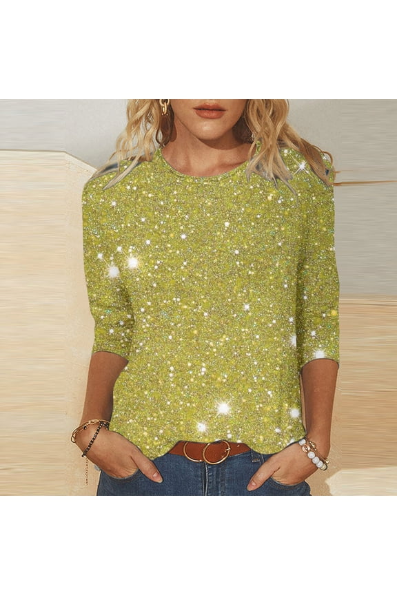 Womens Shirts Shiny Printed Blouse Round Neck 3/4 Sleeve T-Shirt Fall Colorful Bright Printing Womens Tops Gifts for Women