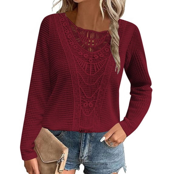 Craaazy Womens Shirts Solid Color Lace Lace Patchwork Knit Long Sleeved Round Neck T-shirt Top Gifts For Women