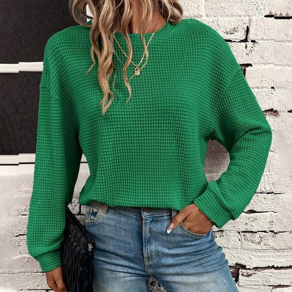 Craaazy Womens Shirts Solid Color Round-Neck Long Sleeve Knit Pullover Tops Gifts For Women