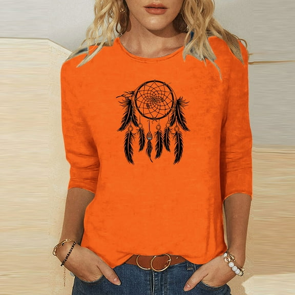 Craaazy Womens Shirts Spring and Fall Casual Daily Blouse Round Neck 3/4 Sleeve T-Shirt Loose Simple Print Top Gifts for Women