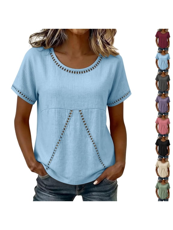 Womens Short Sleeve Shirts Oversized Fit Solid Color Crew Neck Eyelet Trim Casual Tops Breathable Cotton for Spring Summer Daily Wear