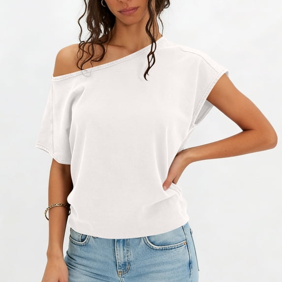Craaazy Womens Short Sleeve Shirts Plus Size Loose Fit Solid Color Asymmetrical Neck Off The Shoulder Tops for Casual Summer