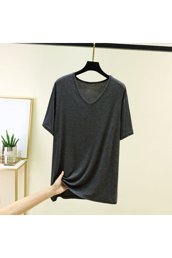 Womens Short Sleeve Shirts Plus Size V Neck Solid Color Soft Modal Blend Casual Tops