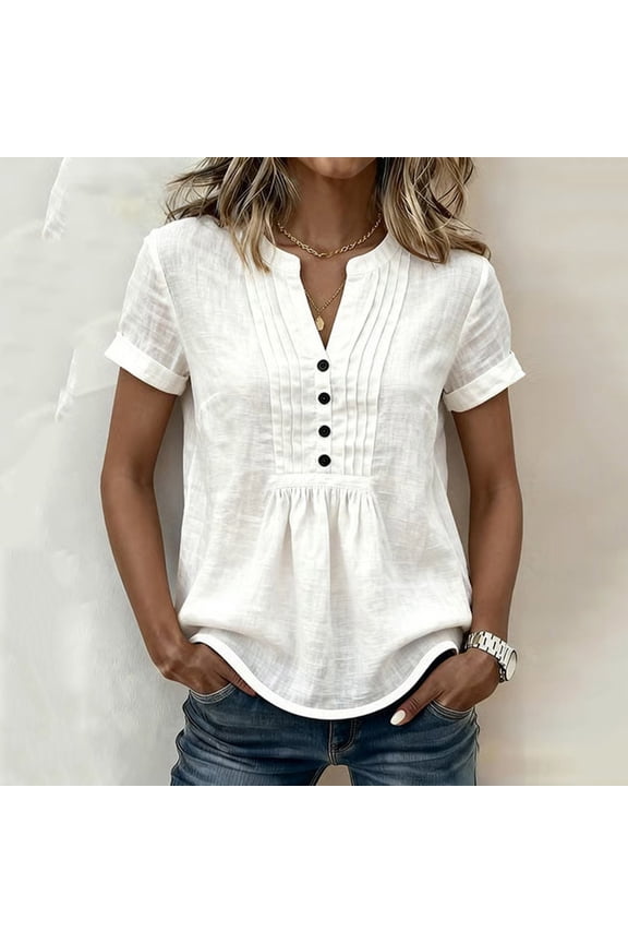 Womens Short Sleeve Shirts Regular Fit Solid Color Split Neck Button Detail Cotton Linen Tops for Weekend Trips, Office Work