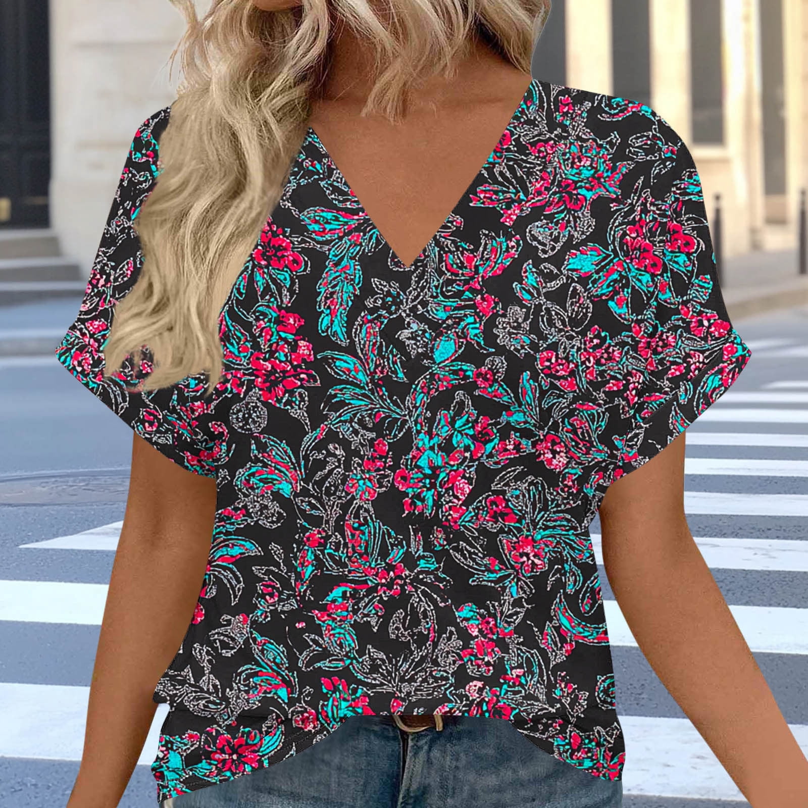 Craaazy Womens Short Sleeve V Neck Floral Print Blouse Loose Fit Casual ...