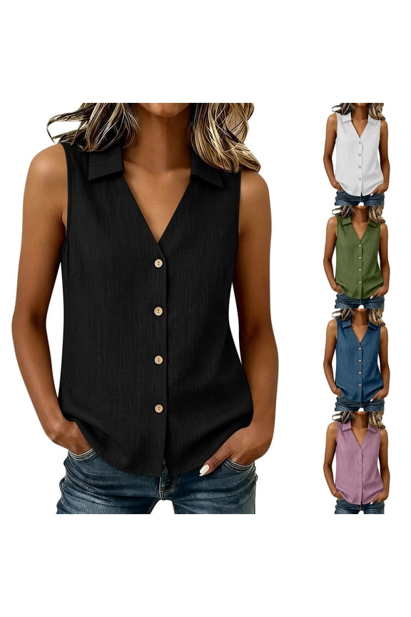 Womens Sleeveless Button Down Shirts Solid Color V Neck Turndown Collared Linen Blouses for Casual Work