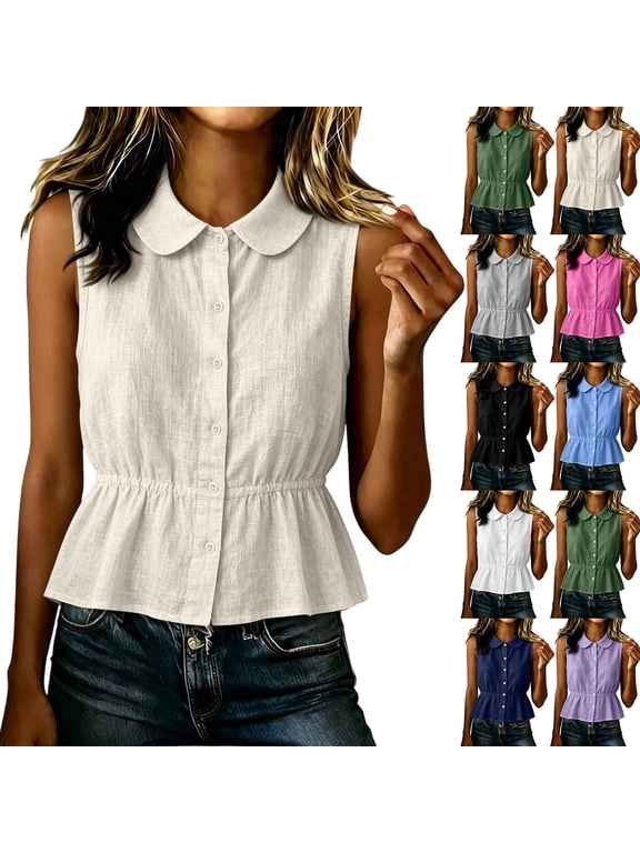 Womens Sleeveless Tank Tops Regular Fit Solid Color Peter Pan Collar Button Down Shirts Cotton Linen Tops for Summer Daily Wear