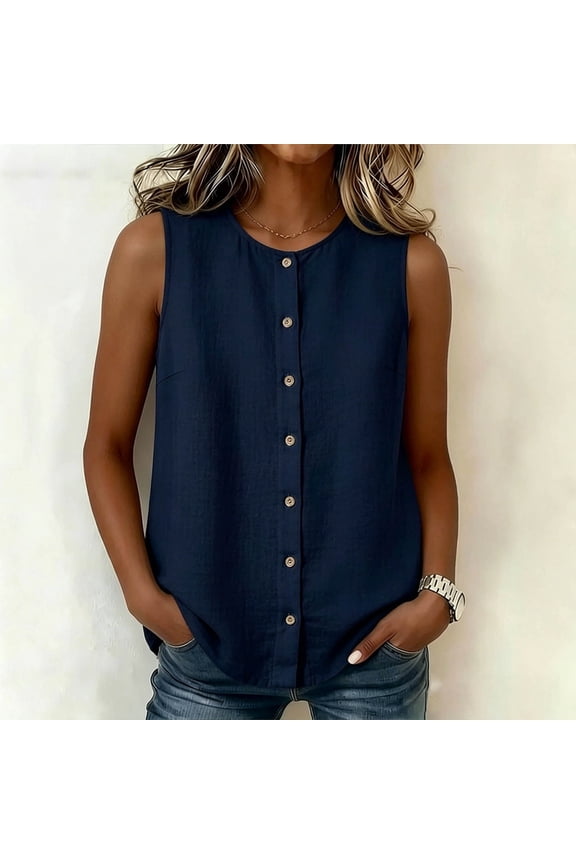 Womens Sleeveless Tops Plus Size Loose Fit Solid Color Crew Neck Button Down Shirts for Summer Casual Wear and Business Work