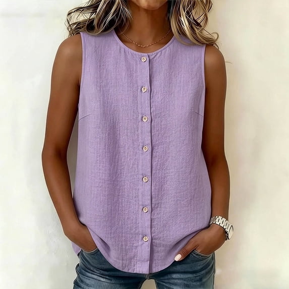 Craaazy Womens Sleeveless Tops Plus Size Loose Fit Solid Color Crew Neck Button Down Shirts for Summer Casual Wear and Business Work