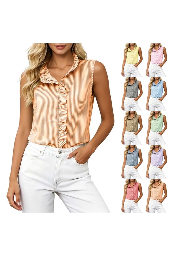 Womens Sleeveless Tops Relaxed Fit Stripe Ruffle Trim Button Down Shirts Lightweight Fabric for Spring Summer Daily Wear