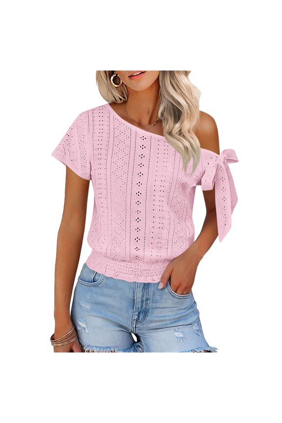 Womens Solid Color Asymmetrical One-Shoulder Top with Tie Detail and Smocked Hem Waist for Summer Daily Wear Gift