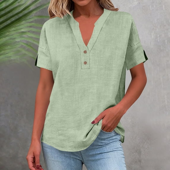 Craaazy Womens Solid Color Cotton Linen Blouse Button V-Neck Short Sleeve Casual Henley Top for Daily Wear Gifts