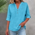 thumbnail image 1 of Craaazy Womens Solid Color Cotton Linen Blouse V-Neck 3/4 Sleeve Casual Henley Top with Button for Daily Wear Gifts, 1 of 7